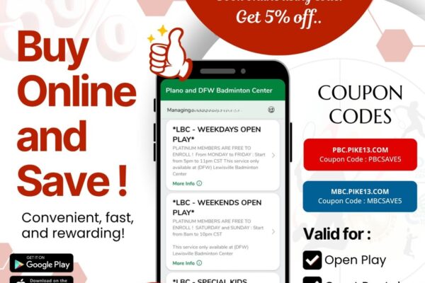 5% off Open Play & Court Rental